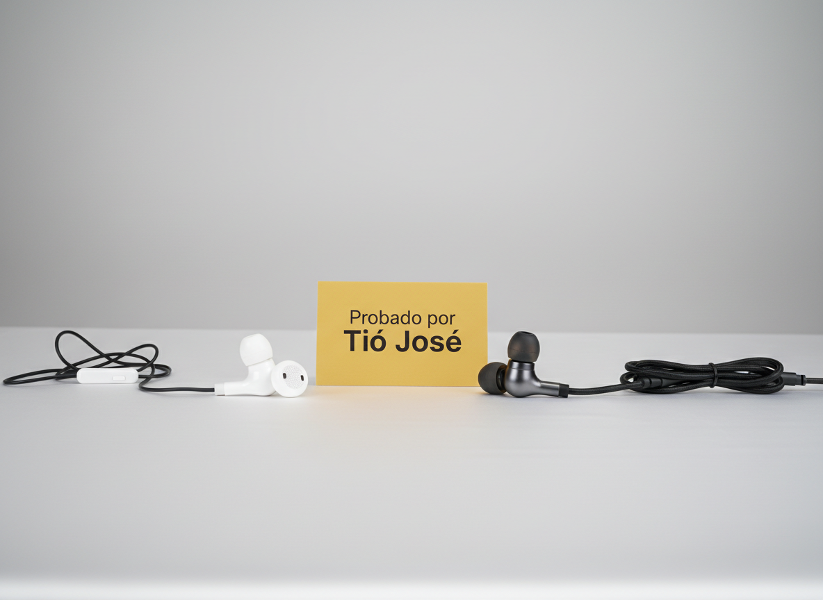 Un pequeño set de comparación de productos sobre una mesa blanca satinada: dos pares de audífonos in-ear frente a frente, uno económico y plástico con acabado brillante, el otro de gama media con carcasa metálica cepillada gris oscuro, puntas de silicona suave bien definidas y cable reforzado. Entre ellos, una tarjeta rectangular con diseño minimalista que dice “Probado por Tío José” en tipografía moderna, sobre fondo amarillo mostaza. El entorno es un estudio fotográfico limpio, sin distracciones, con fondo gris muy claro degradado. Iluminación de estudio suave desde ambos lados, eliminando reflejos duros y marcando claramente las diferencias de textura y calidad. Composición centrada, con profundidad de campo moderada que mantiene todo en foco. Estilo fotográfico realista, sobrio y profesional, transmitiendo análisis comparativo honesto.