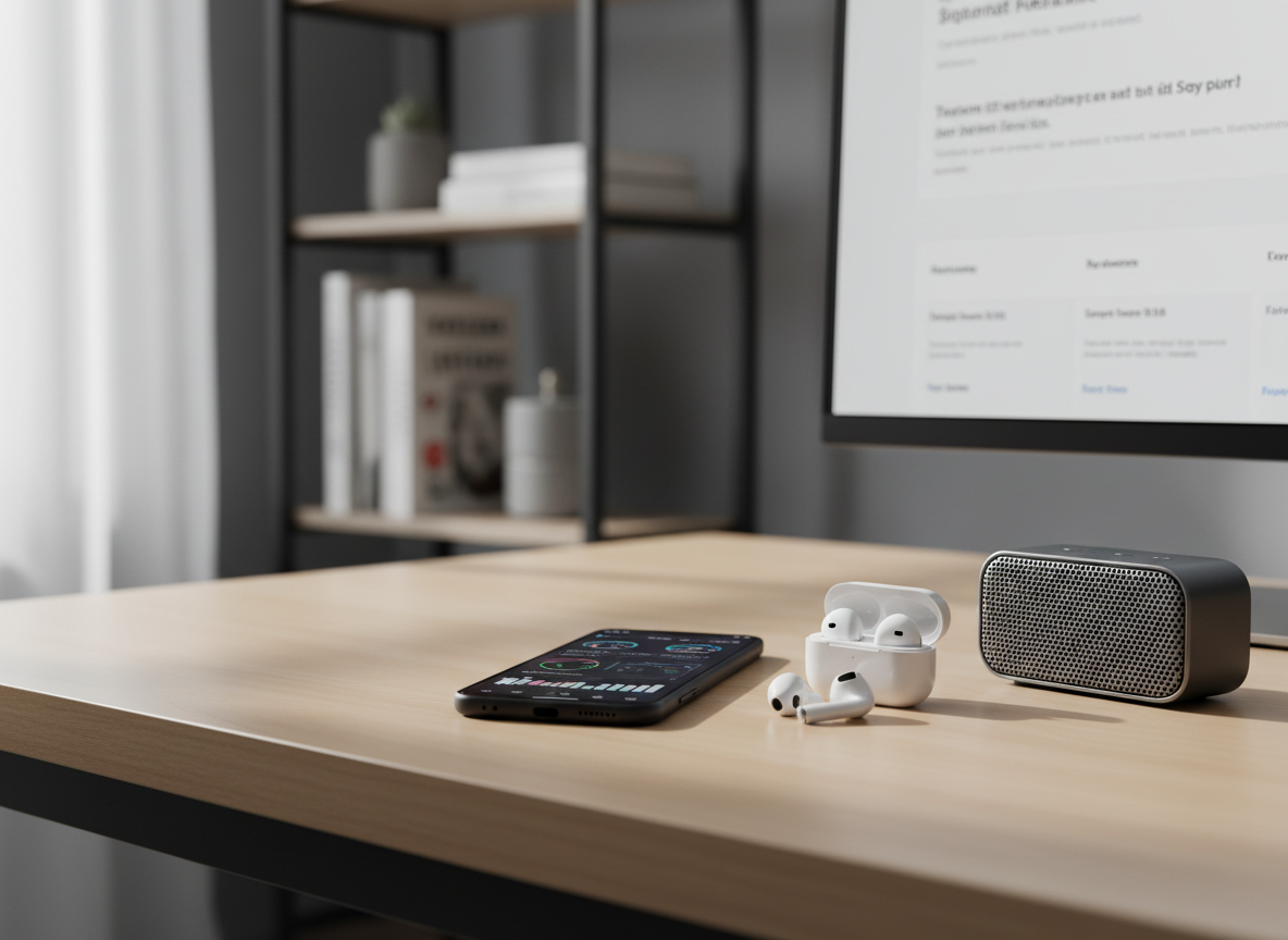 Un escritorio moderno con una superficie de madera clara impecable sostiene una cuidadosa selección de gadgets 3C: un smartphone negro mate con pantalla encendida mostrando gráficos de rendimiento, unos audífonos inalámbricos blanco perla dentro de su estuche semiabierto y un pequeño altavoz Bluetooth gris oscuro con rejilla metálica texturizada. Al fondo, un monitor ultradelgado muestra una interfaz limpia de reseñas técnicas. La escena está en un estudio ordenado, con pared gris suave y estantería minimalista desenfocada. Luz natural lateral de tarde entra desde la izquierda, creando reflejos realistas en las superficies y sombras suaves. Composición fotográfica a nivel de mesa, con ligera profundidad de campo que enfoca los productos y difumina el fondo. Estilo de realismo fotográfico, limpio y profesional, transmitiendo confianza y selección experta.