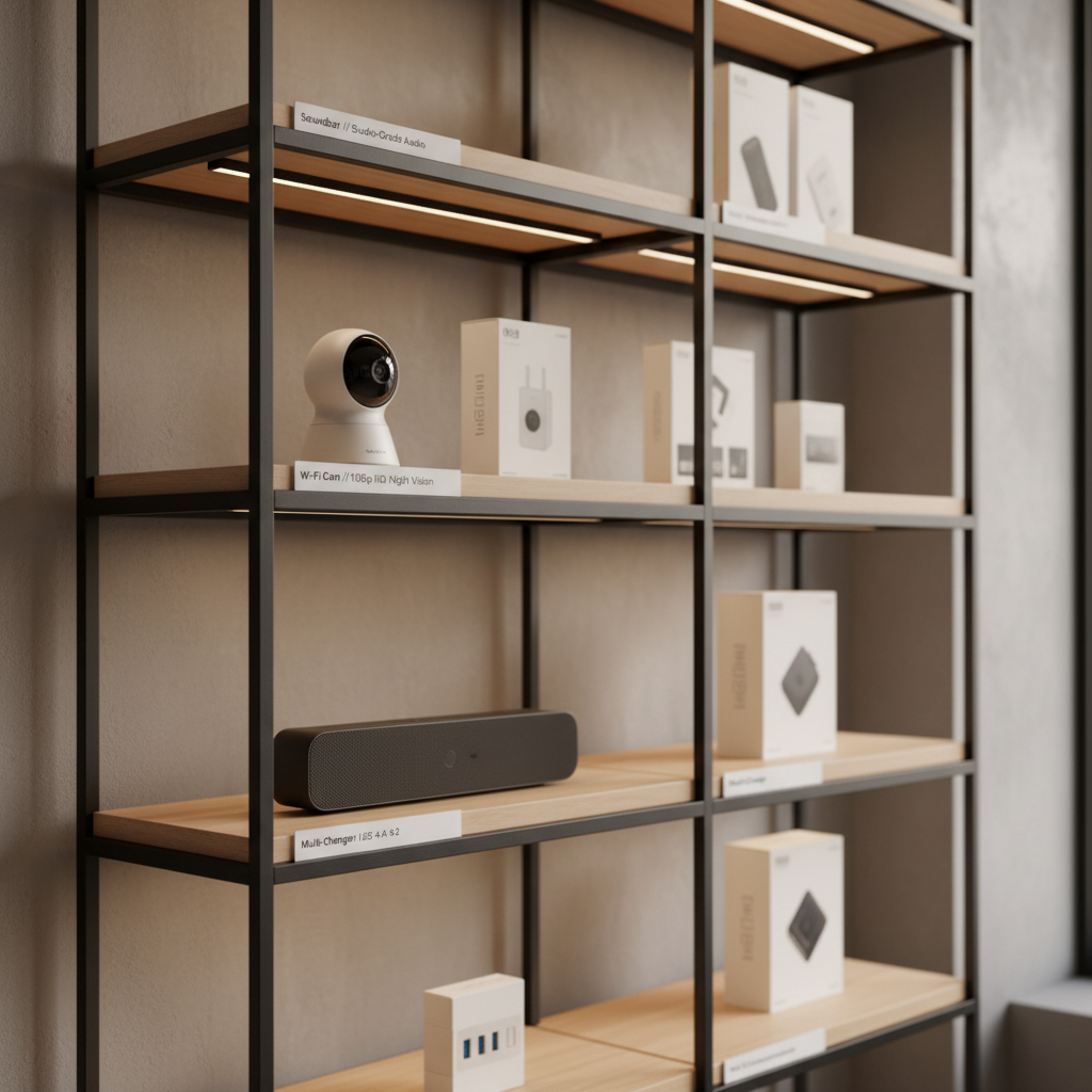 Una estantería modular de metal negro mate y madera clara organizada como showroom de electrónica 3C cuidadosamente seleccionada. En distintos niveles se ven una barra de sonido compacta, una cámara de seguridad Wi-Fi blanca con lente brillante, un cargador múltiple de pared con puertos resaltados en azul y varias cajas de producto con diseño minimalista, predominando el blanco y el gris. Pequeñas etiquetas limpias indican especificaciones clave. El ambiente es una sala contemporánea con pared texturizada gris cálido. Luz natural suave de tarde entra desde la derecha, complementada por una tira LED cálida discreta bajo cada repisa, creando reflejos controlados y un ambiente acogedor. Toma fotográfica a la altura de los estantes, con composición por tercios y fondo ligeramente difuminado. Estilo realista, ordenado y confiable, evocando un catálogo curado de productos recomendados.