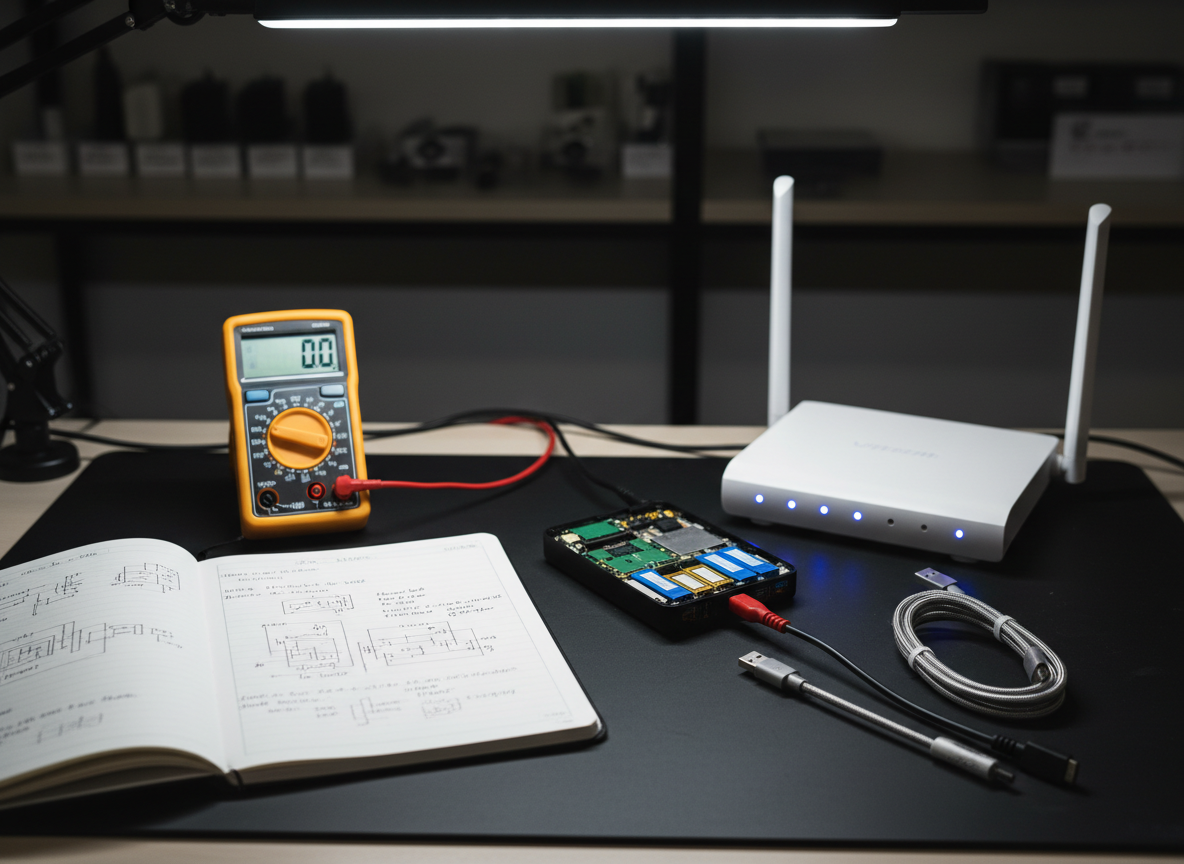 Una mesa de trabajo de pruebas de electrónica 3C, con superficie de goma antiestática negra, llena de dispositivos cuidadosamente organizados: un multímetro digital iluminado, un banco de energía desmontado mostrando celdas internas ordenadas, un router Wi-Fi blanco con luces LED azules encendidas y un par de cables USB trenzados de alta calidad. A un lado, una libreta abierta con esquemas técnicos dibujados y notas manuscritas legibles. La luz proviene de una lámpara de escritorio con iluminación fría y uniforme, generando sombras precisas y resaltando texturas y acabados. Fondo ligeramente desenfocado con estantes de componentes etiquetados. Composición fotográfica en ligero ángulo cenital, nítida en toda la escena, con estética profesional, precisa y confiable que sugiere pruebas rigurosas y evaluación objetiva de productos.